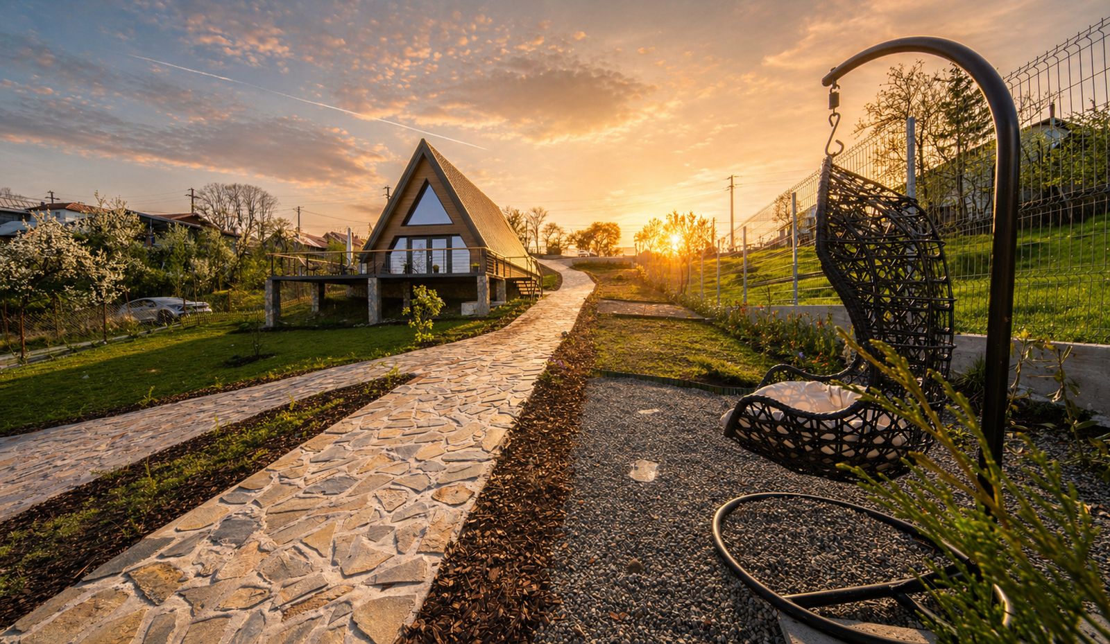 A-frame cabin at sunset with hanging chair