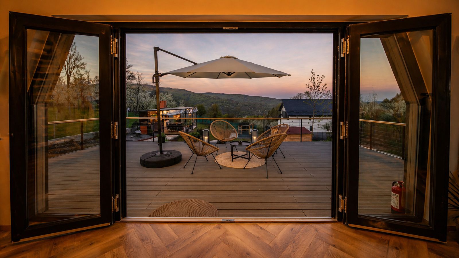 Interior view to the terrace at sunset