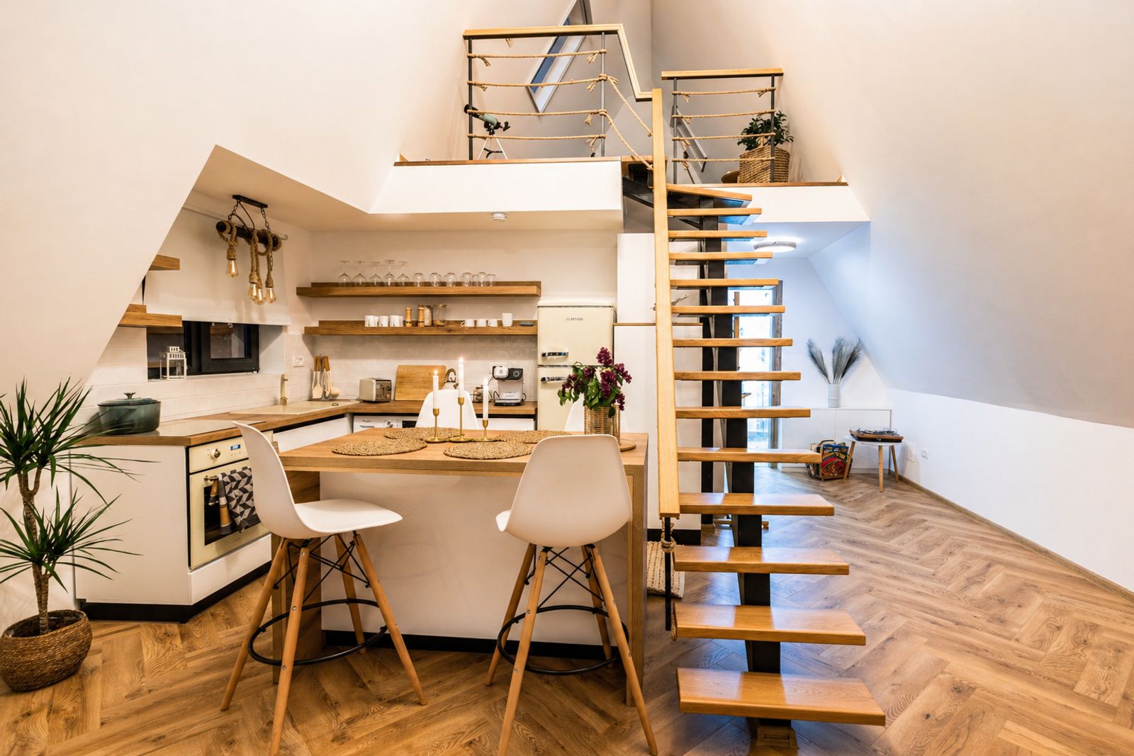 Open space kitchen with island and stairs to upper floor